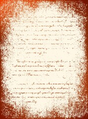 Antique manuscript background. Illegible text on light yellow paper decorated golden shabby frame. 