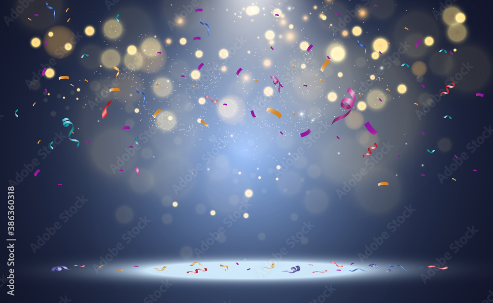 Poster Lots of colorful tiny confetti and ribbons on transparent background. Festive event and party. Multicolor background.Colorful bright confetti isolated on transparent background