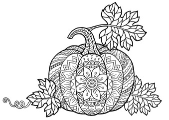 Vector coloring book for adults. Pumpkin in mandala style with detailed patterns for Halloween and Thanksgiving day