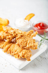 Chicken strips with French fries and sauces