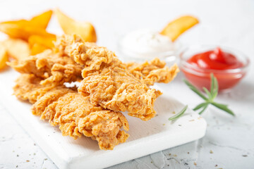 Chicken strips with French fries and sauces