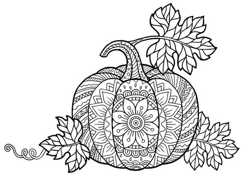 Vector coloring book for adults. Pumpkin in mandala style with detailed patterns for Halloween and Thanksgiving day