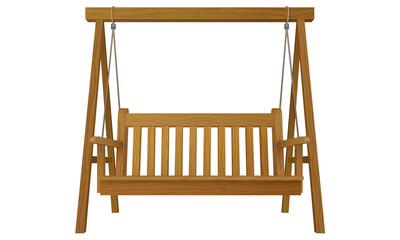 classic outdoor garden wooden hanging on frame porch swing bench furniture with ropes isolated on white background. 3d realistic vector illustration - obrazy, fototapety, plakaty