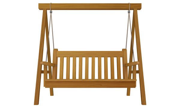 classic outdoor garden wooden hanging on frame porch swing bench furniture with ropes isolated on white background. 3d realistic vector illustration