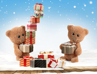 cute teddy bears holding christmas gifts on wooden floor with snow 3d-illustration