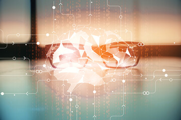 Brain drawings with glasses on the table background. Double exposure.
