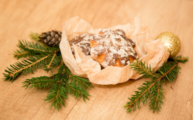 christmas composition with gingerbread cookies and fir branches.