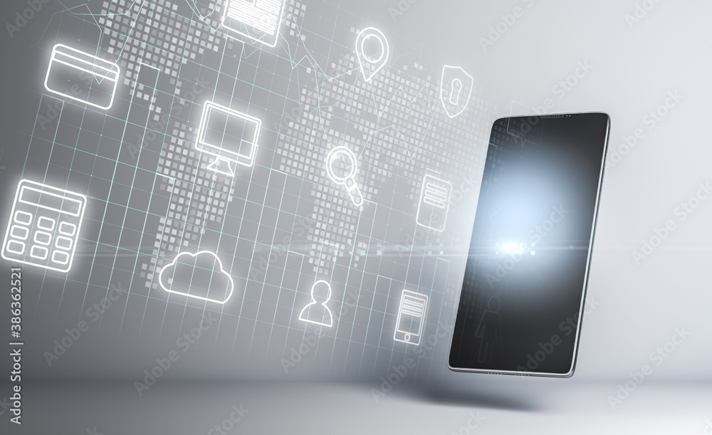 Poster mobile phone with computing cloud hologram.