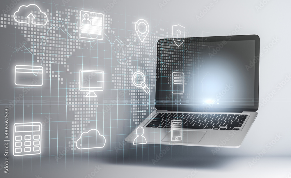 Poster laptop with computing cloud hologram on digital world map.