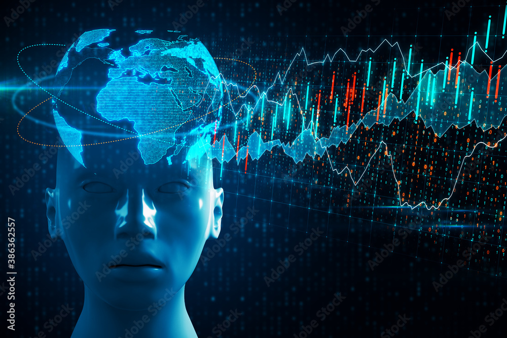 Poster abstract robot head with digital earth and stock charts hologram.