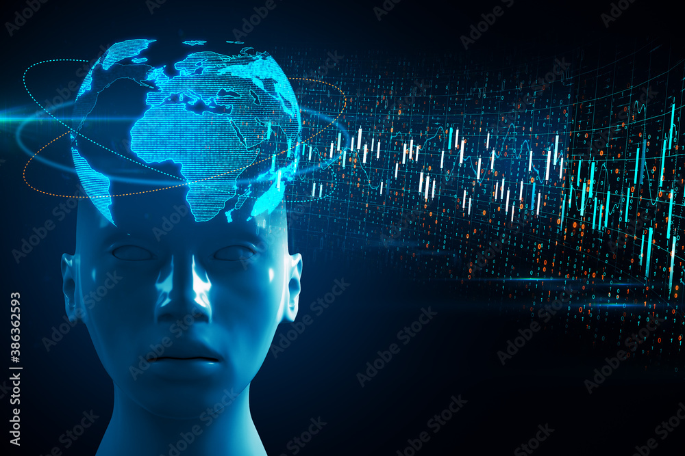 Poster robot head with digital earth and stock charts
