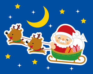 ソリに乗るサンタクロースとトナカイ　イラスト