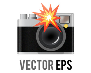 Vector classic profession black, silver casing camera emoji icon with lens, flash
