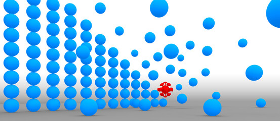 3D rendering of vertical pattern or grid made of blue spheres being shatter by red coronavirus spheric model. Abstract business and economic decline concept. Finance market change. 