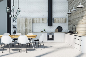Modern loft kitchen interior with furniture