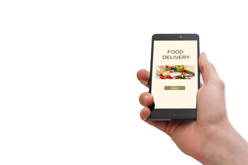 Hand holding mobile with Order food with white background, Order food online business concept.