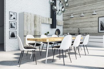 Contemporary kitchen interior with furniture and dinning table.