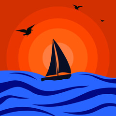 Naklejka premium silhouette of a sailboat floating at sunset in the sea on the waves against the background of a beautiful sunset and flying gulls .vector illustration