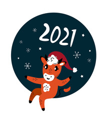 Christmas,Happy New Year Greeting Card.Cute Cartoon Bull in Santa Hat Congratulate with Winter Holidays.Cow Chinese 2021 Symbol.Winter Atmosphere.Festive Design.Calendar,Cards,Advertising Illustration