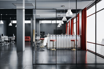 Luxury office hall with bar counter, glass wall and city view.