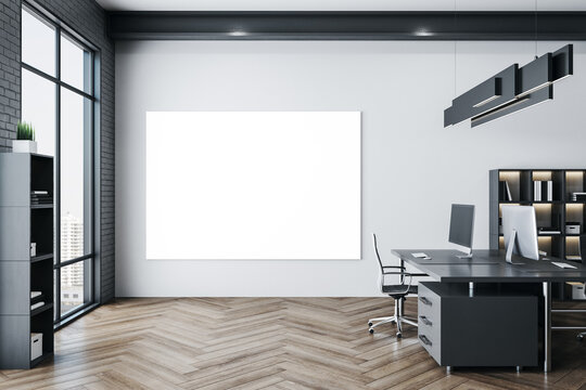 Luxury coworking office in a loft style interior with blank banner