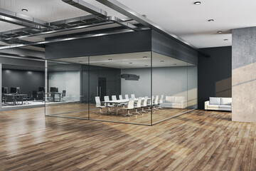 Minimalistic conference interior with furniture and glass wall.