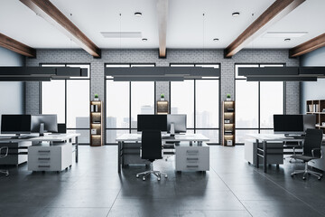 Panoramic open space office with rows of computer tables