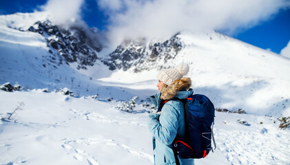 Fototapeta na wymiar Portrait of happy woman standing in snowy winter nature.