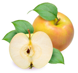 Yellow apple fruit isolated on white Background, Toki apple fruit with leaf isolated on white With clipping path.