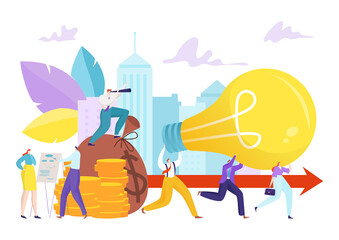 Business people running with bulb, teamwork and communication, vector illustration. Success person cooperation, professional light team. Successful man woman character work idea cartoon solution.