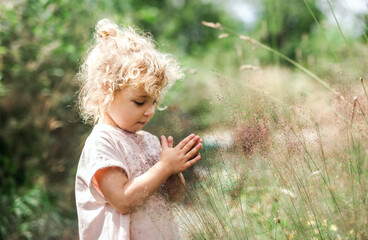 Portrait of small toddler girl outdoors in summer nature, holding grass.