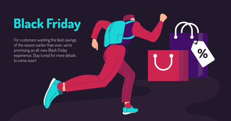 Man runs for shopping on the day of big discounts. Black friday, special offer, super sale, holiday promotion. Flat horizontal banner. Vector illustration