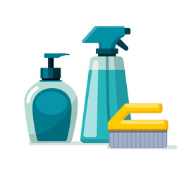 Cleaning supplies. Spray, soap and brush on a white background.