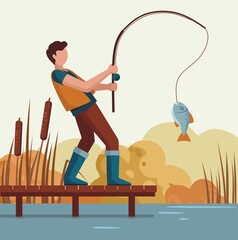Man caught a fish on the lake on a wooden pier. Fisherman. - 386365142