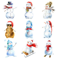 Watercolor set of snowmen on white background - 386365536