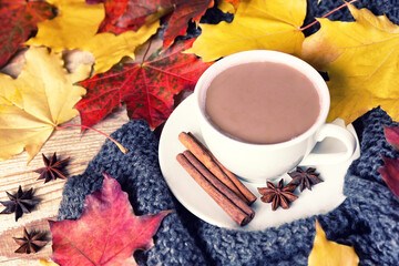 Cozy autumn morning with cup of cocoa with cinnamon, star anise, cozy sweater and autumn leaves on wooden background.
