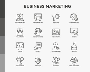 Business marketing thin line icons set: digital marketing, online shopping, advertising, social media, e-mail marketing, vlogging, feedback, strategy, customer target, briefcase. Vector illustration.