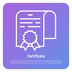 Certificate thin line icon. Diploma, graduation, professional qualification. Vector illustration.