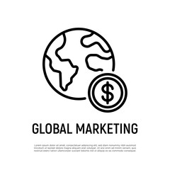 Global marketing thin line icon. Planet with dollar coin. Global economy, worldwide investment. Vector illustration.