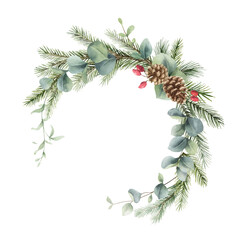 Watercolor vector Christmas wreath with fir branches, cones and eucalyptus.