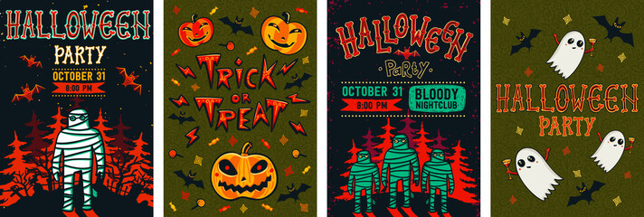 Halloween posters set. Vector collection of Halloween invitations or greeting cards.