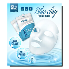 Blue Clay Facial Mask Creative Promo Banner Vector. Anti Aging Mask Blank Bag Face Skincare Hygienic Beauty Salon Accessory Advertising Marketing Poster. Style Color Concept Template Illustration