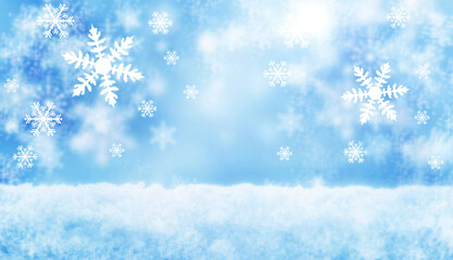 New Year and Christmas blurred soft card with snowflakes. Winter blue snowfall background.
