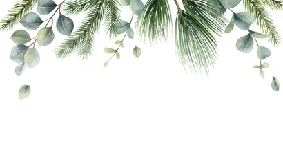 Aquarellvektor Weihnachtskarte mit Tannenzweigen und Eukalyptusblättern. © ElenaMedvedeva