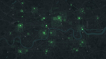 Futuristic technology and network connection concept, big smart city virtual database, digital visualization of big data on London map background, vector illustration