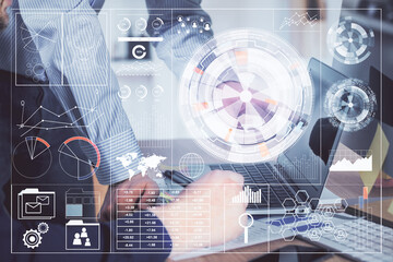 Multi exposure of tech drawings with man working on computer background. Concept of innovation.