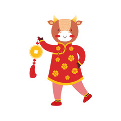 Cute bull baby girl with old gold coins of luck on a red string. Symbol of the new year 2021. Ox in a traditional Chinese costume. Cartoon animal character. Happy chinese new year. Zodiac sign.