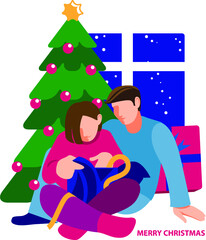 Obraz na płótnie Canvas Couple under the fir tree unpacking gifts vector flat illustration