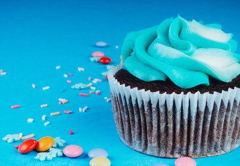 chocolate cupcake decorated with sugar snowflakes, colorful candies