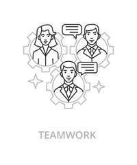 Teamwork flat line illustration in trend style. Complex vector icon and concept